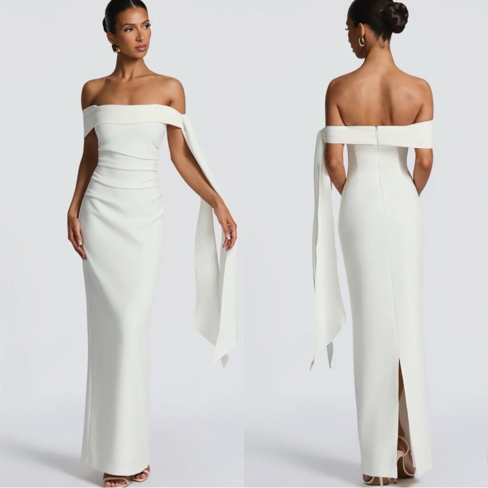 BABYBOO Addie Off Shoulder Ruched Ivory Crepe Maxi Dress